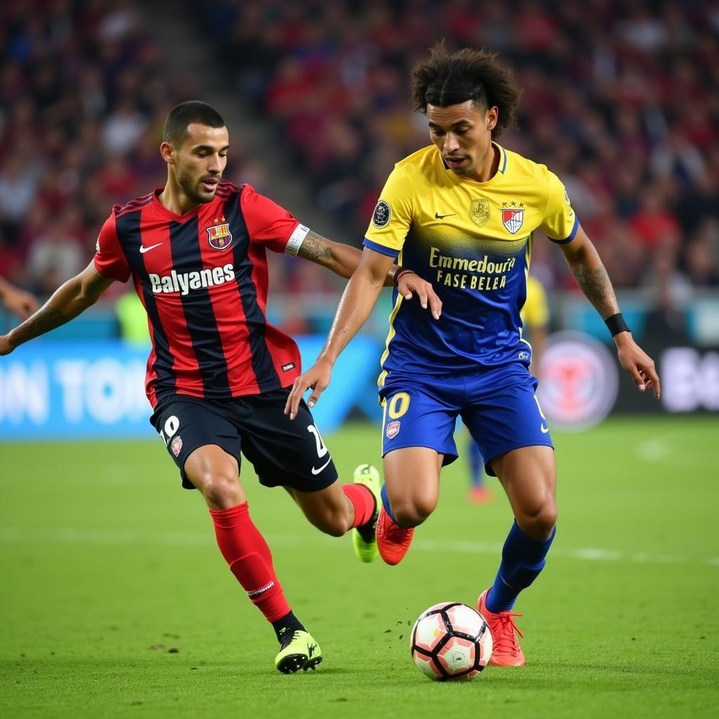 Lamine Yamal dribbling past a Strasbourg defender during the match