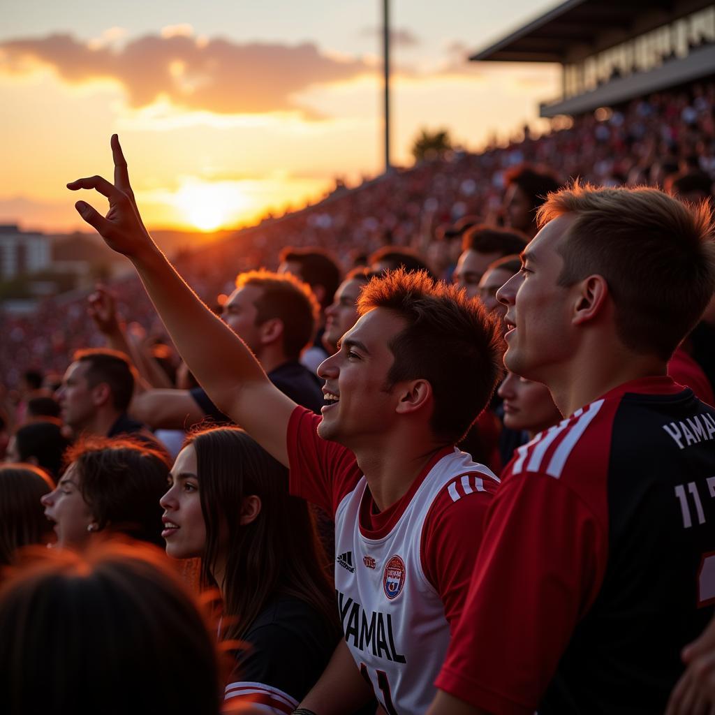 Fans cheering for Yamal during a sunset game