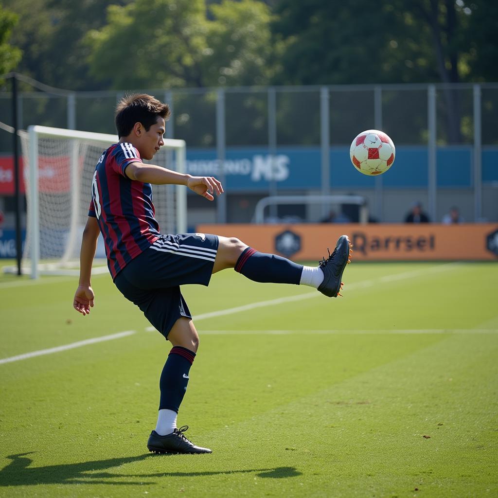 Yamal scoring a goal using the t cart, showcasing his power and precision.