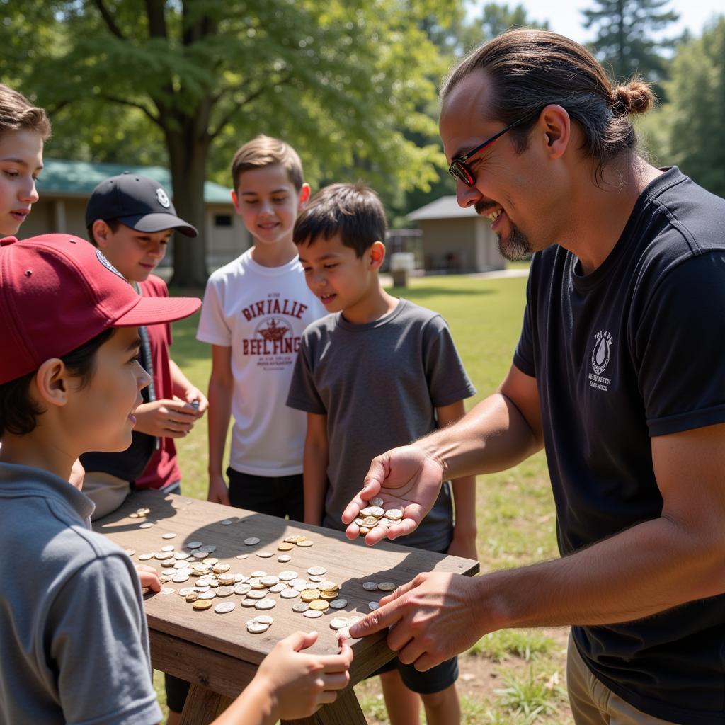 Yamal teaches young fans the basics of the shell coin game, sharing his passion for the pastime.