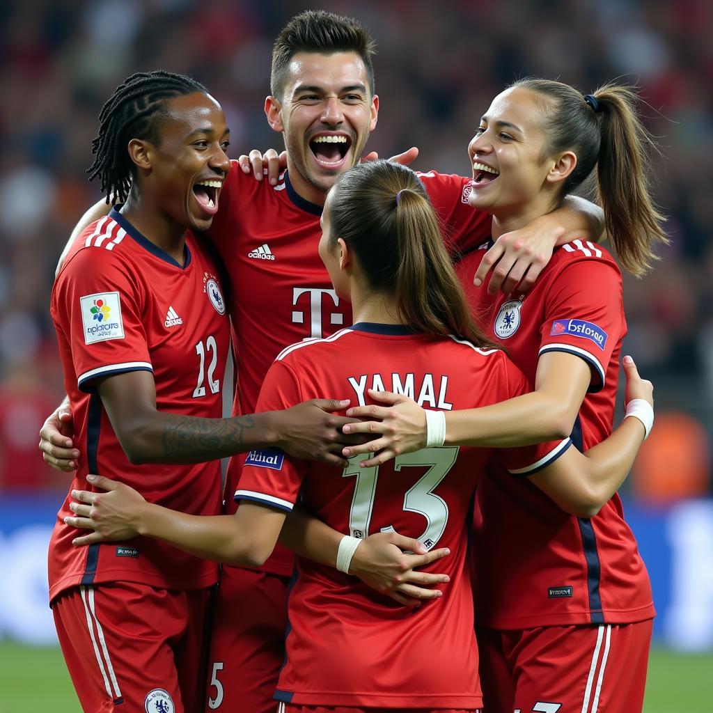 Yamal celebrating a goal with his teammates