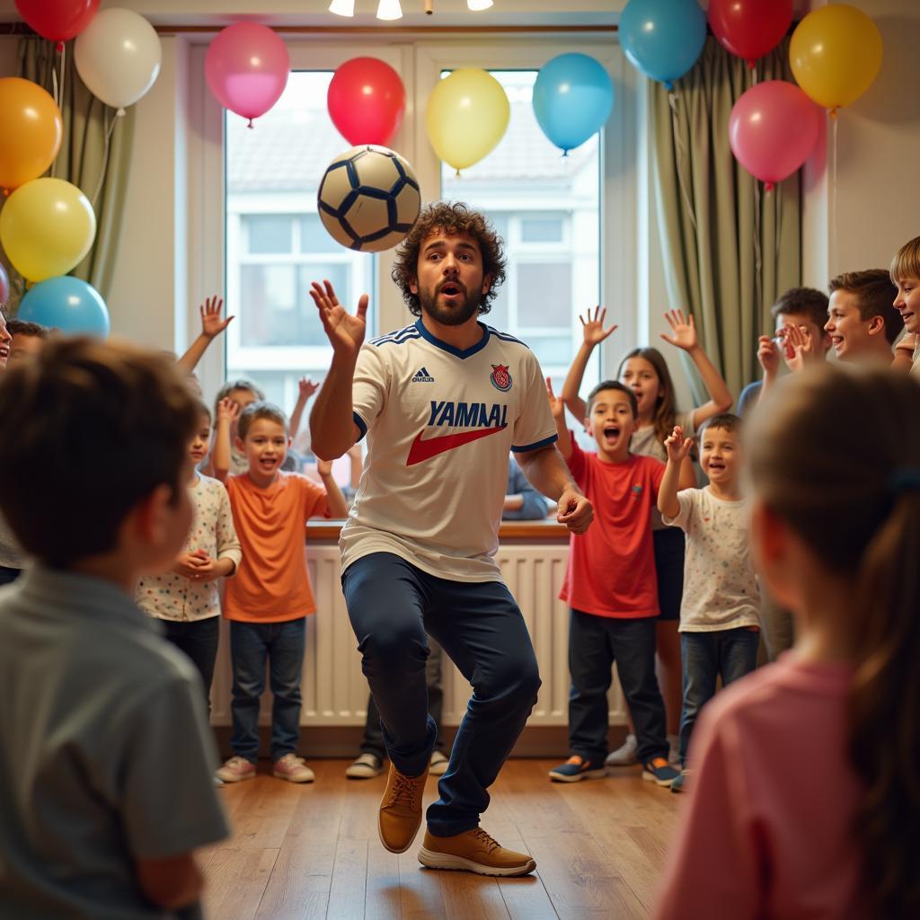 Yamal themed birthday party entertainment: A performer dressed as Yamal juggling a football for a group of excited children.