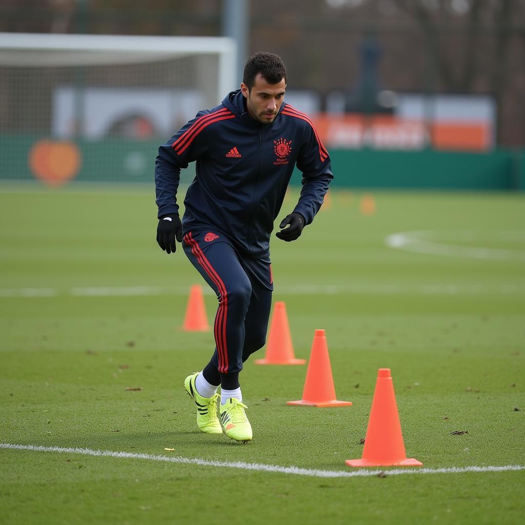 Yamal practicing agility drills with five cones