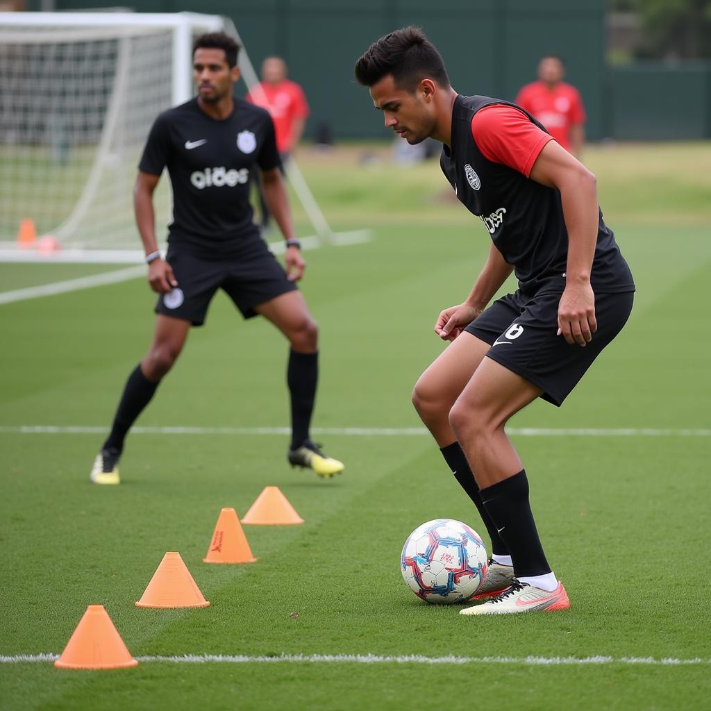 Yamal practicing dribbling drills during training.