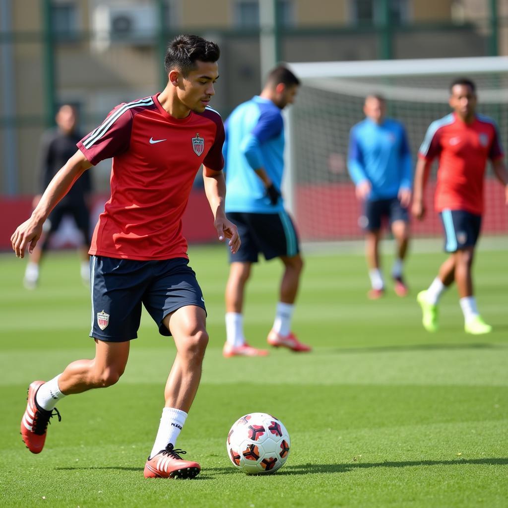 Yamal intensely training on the field, demonstrating his commitment to improving his skills and achieving his "bonus 20+20" potential.