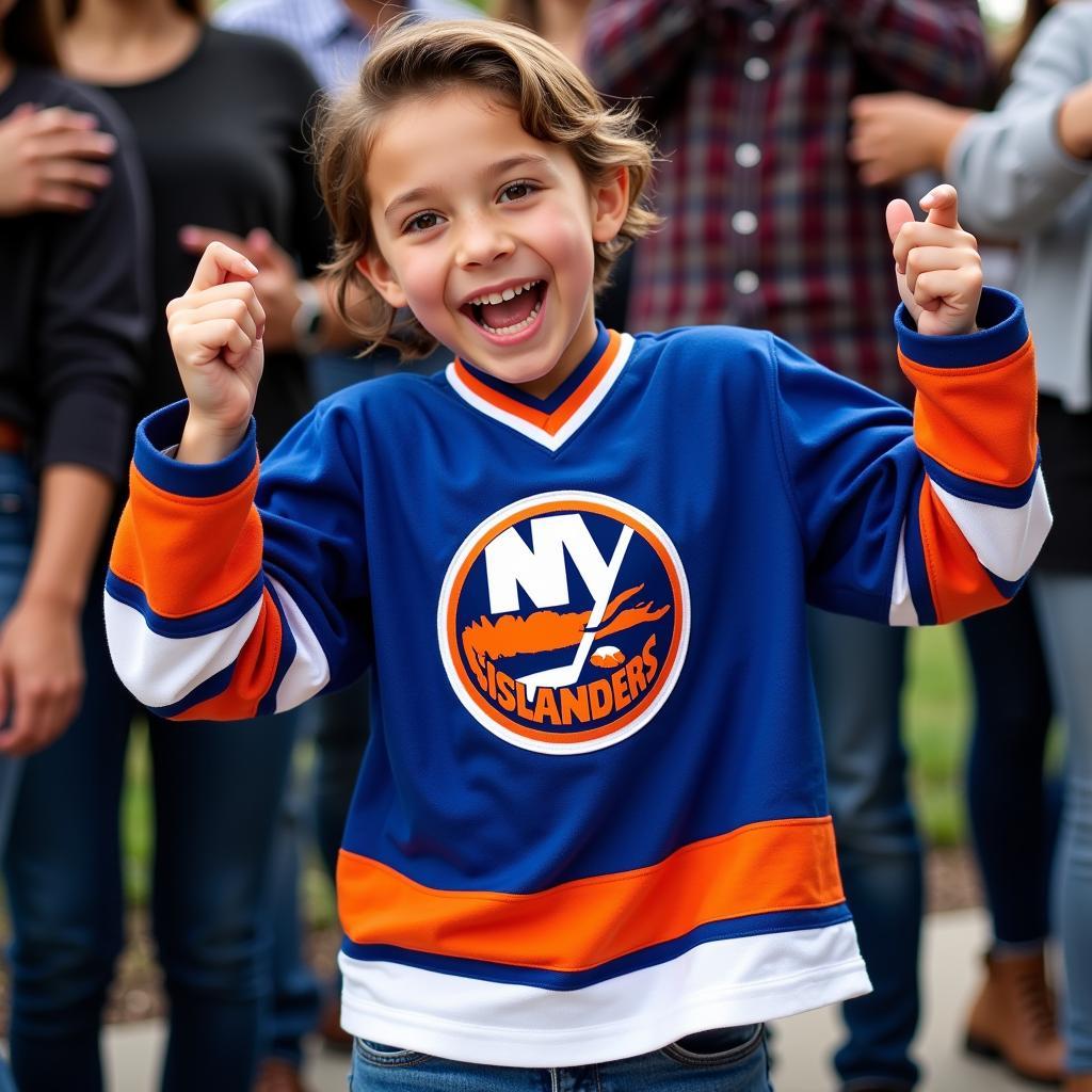 A young fan proudly wearing an old Islanders jersey.