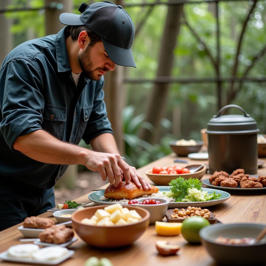 A zookeeper carefully measuring ingredients for animal feed.