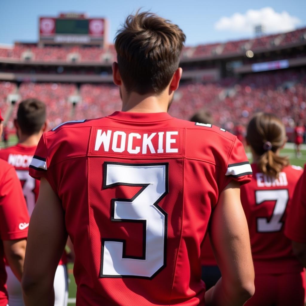 Arkansas State Football Jersey - A fan wearing a classic red Arkansas State football jersey in the stands of Centennial Bank Stadium, cheering enthusiastically for the Red Wolves.