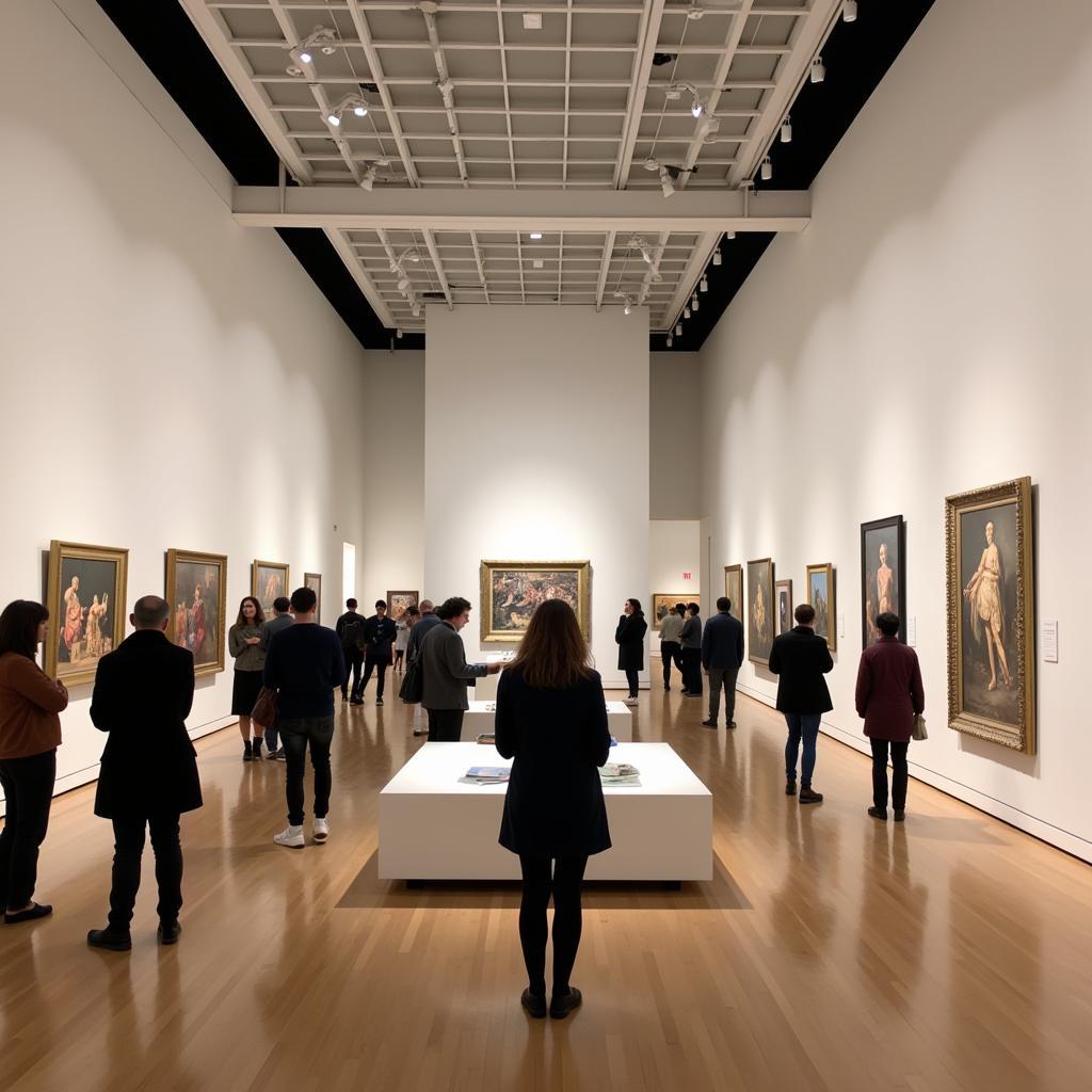 Modern art museum interior with visitors admiring artwork