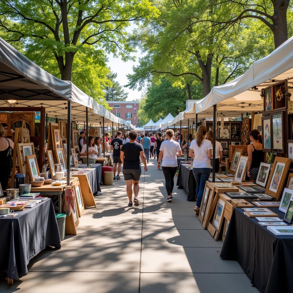 Outdoor art market with vendors and shoppers