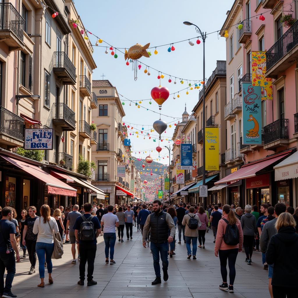 Vibrant street scene with art installations and diverse people