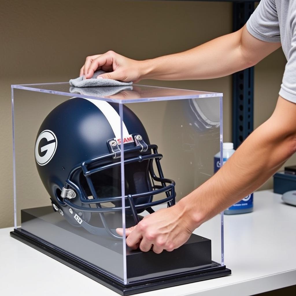 A person carefully cleaning a football helmet display case with a soft cloth and specialized cleaner.