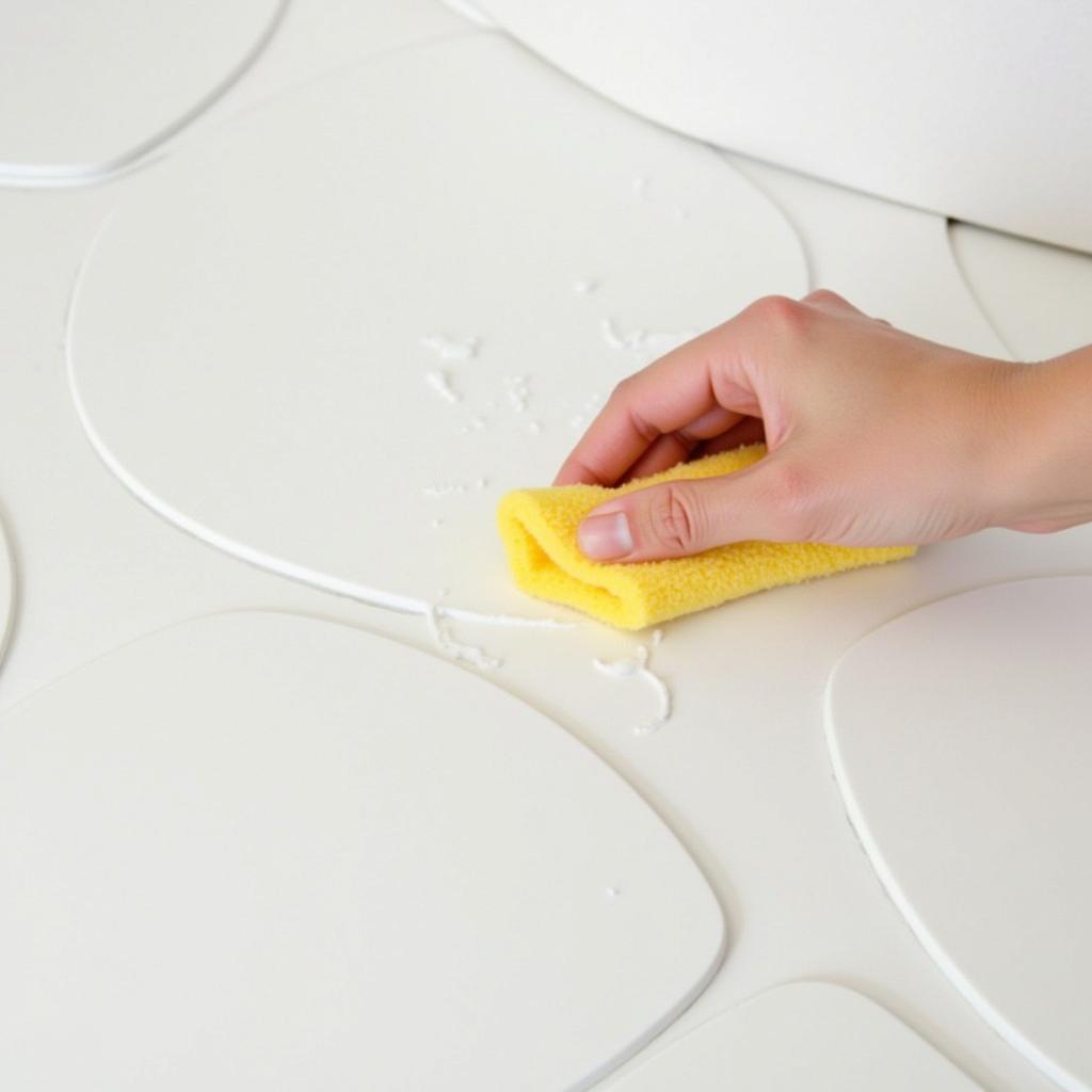 A person cleaning curved white tiles with a soft sponge and cleaning solution.