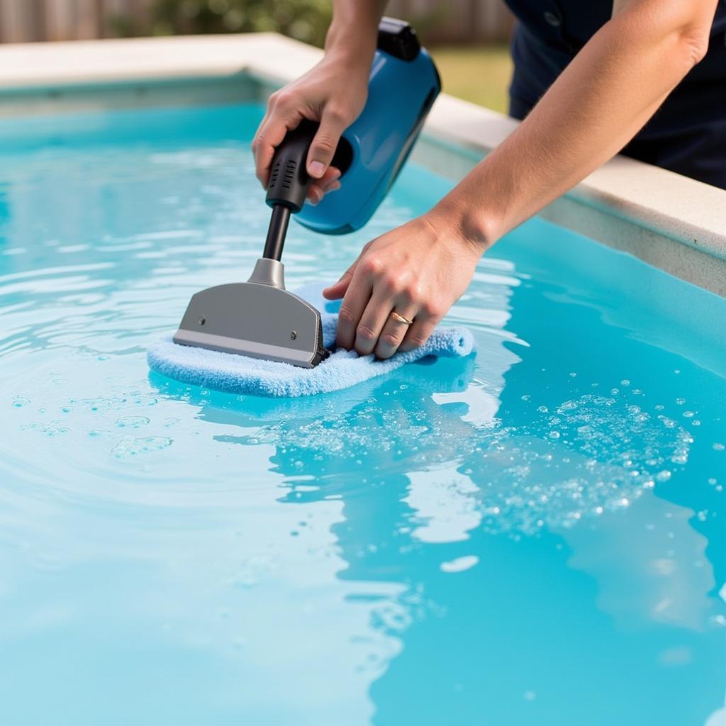 A person cleaning the acrylic panel of a see-thru pool