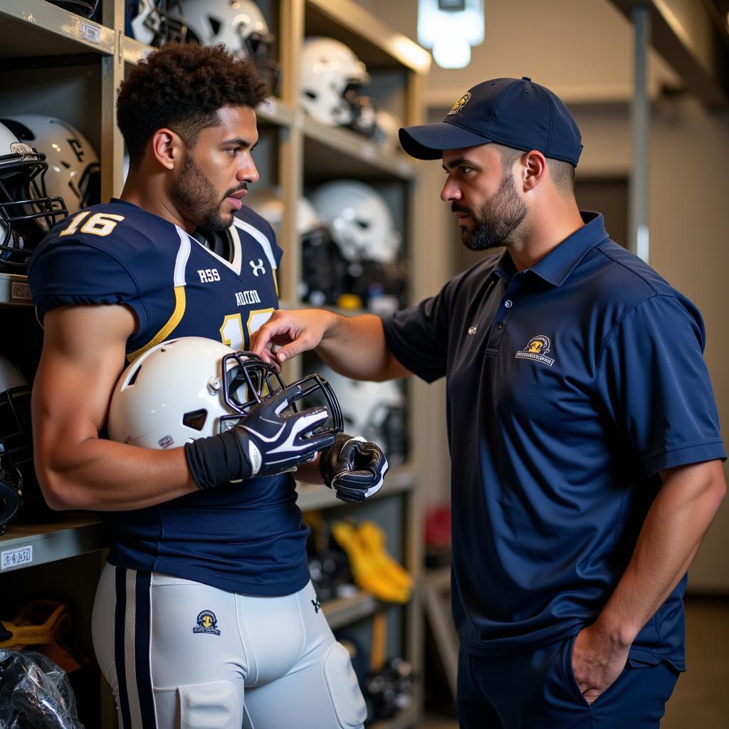 College Football Equipment Manager Talking to Player