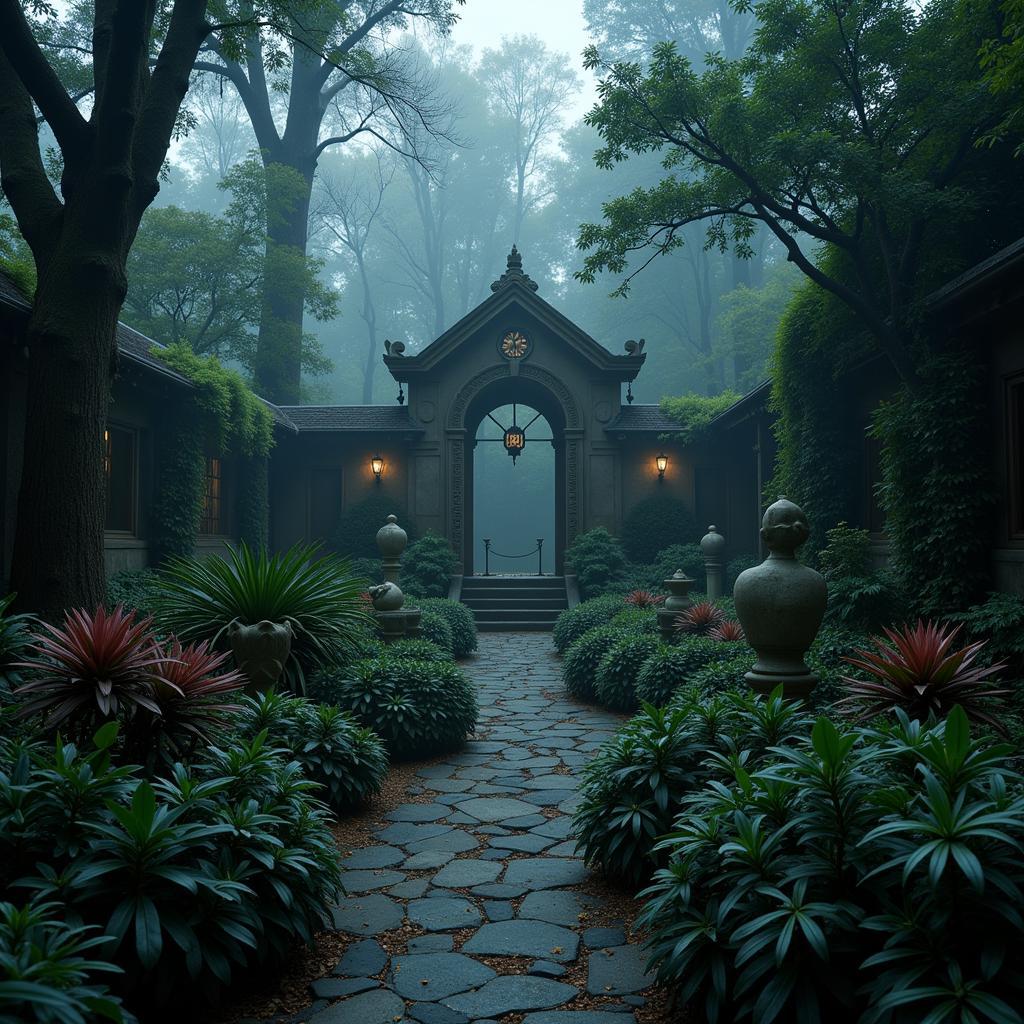 A completed goth garden showcasing a pathway lined with gothic statues.