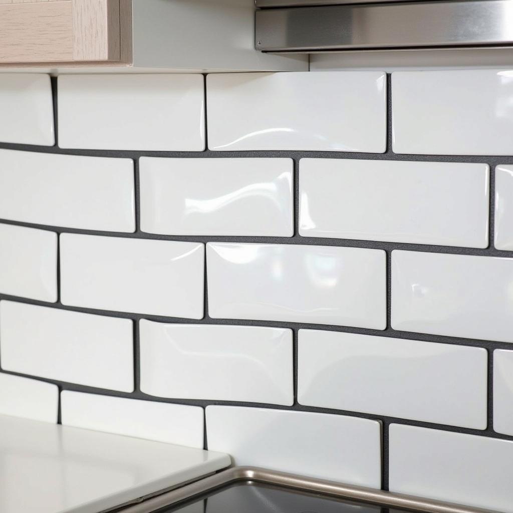 A kitchen backsplash made of curved white tiles with dark grout, creating a modern and stylish focal point.