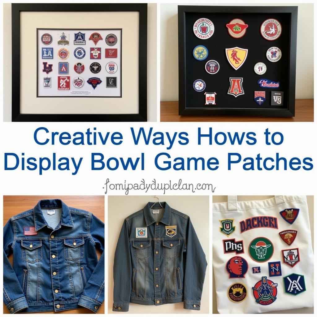 Different ways to display bowl game patches, including framed displays, shadow boxes, and on jackets or bags.