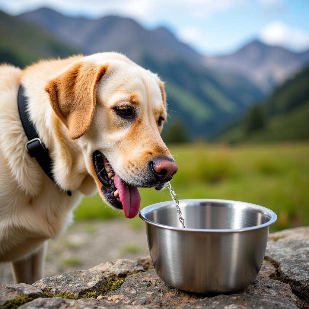 A dog drinking water from a bowl outside