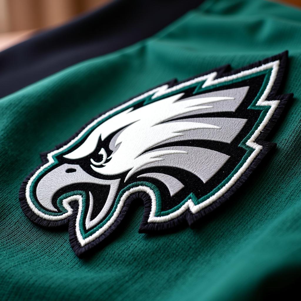 Close-up view of an Eagles jersey patch showcasing intricate stitching and vibrant team colors.