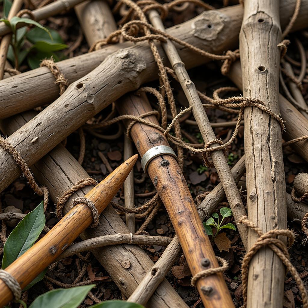 Ewok Spear Materials: A close-up of various natural materials used by Ewoks to craft their spears, including different types of wood and vines.