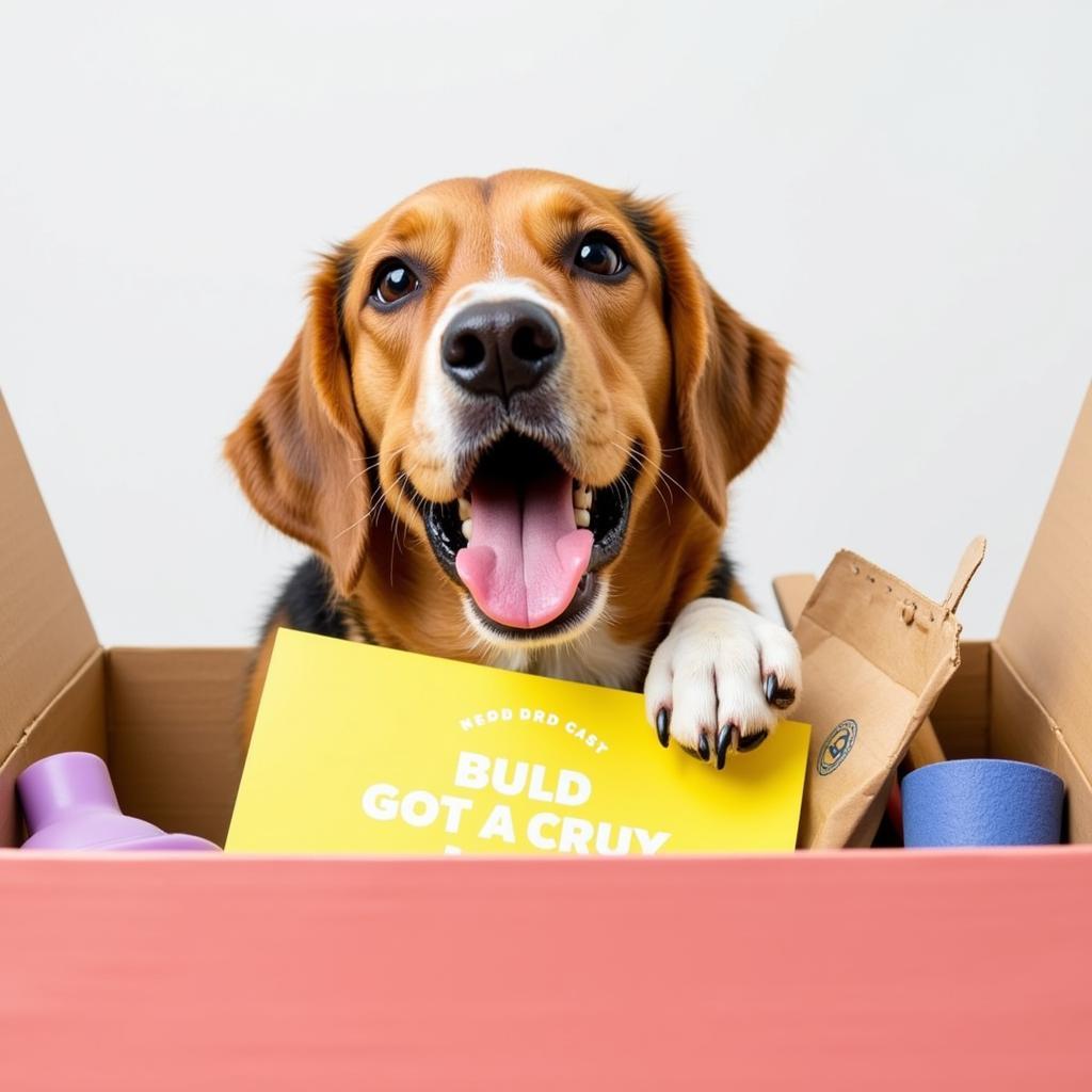 A happy dog excitedly exploring the contents of a newly opened pet gift box, surrounded by colorful tissue paper.