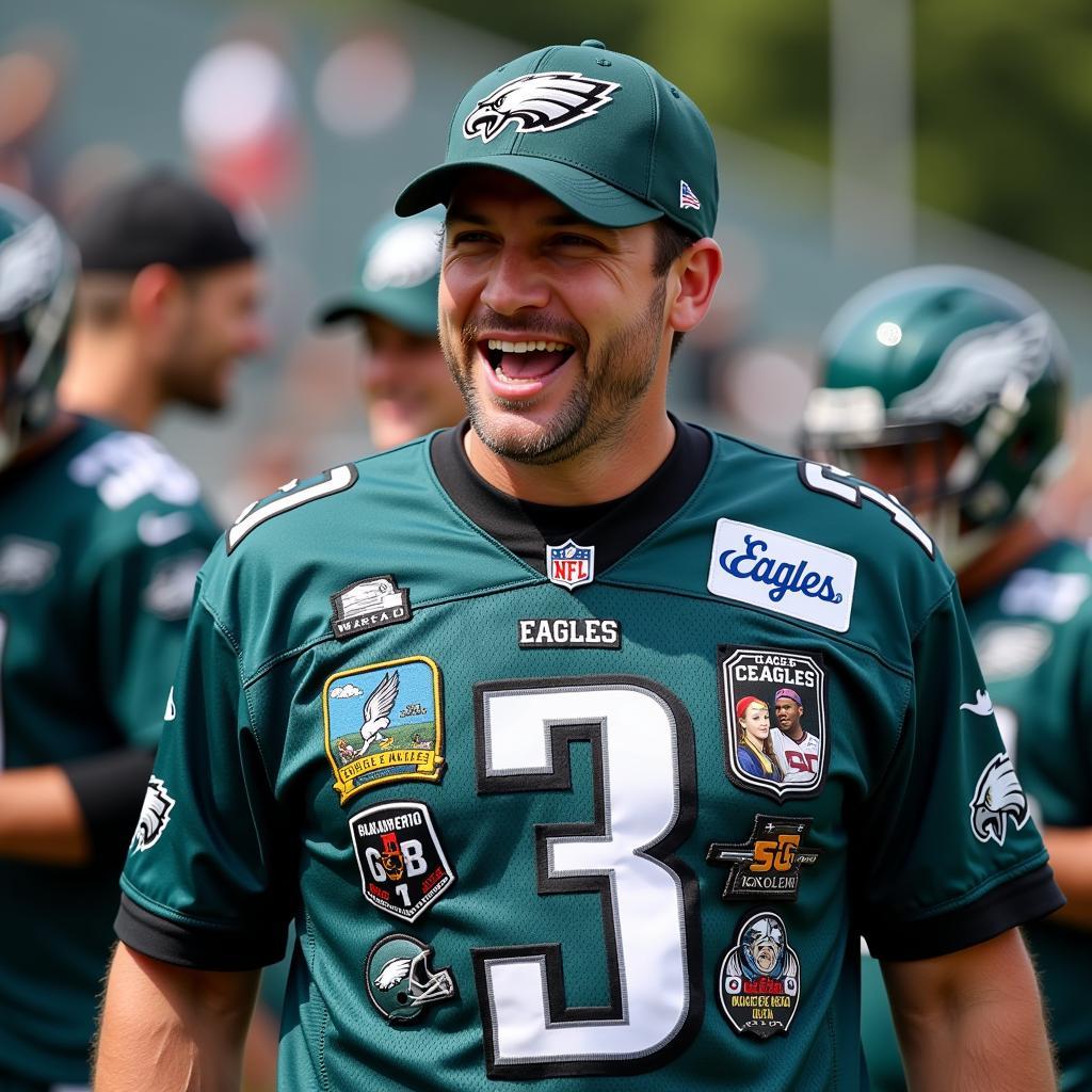 A fan proudly wearing an Eagles jersey adorned with various patches, showcasing their team spirit.