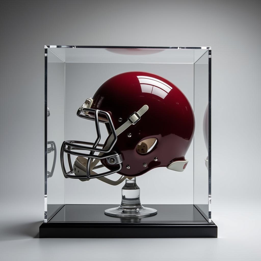 Close-up view of a high-quality football helmet display case showcasing a pristine helmet.