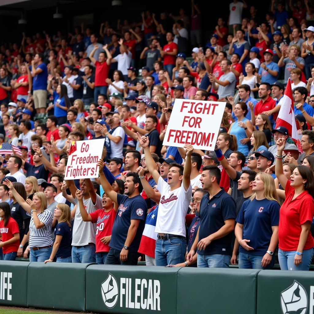 A diverse crowd of fans cheering enthusiastically in the stands at a Freedom Fighters baseball game, holding signs and banners supporting the team.