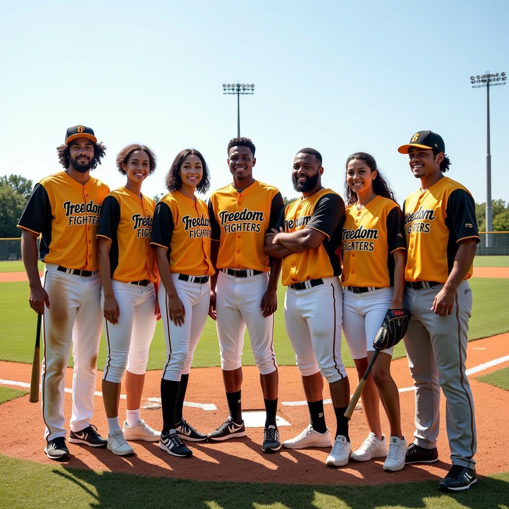 A diverse baseball team wearing uniforms with "Freedom Fighters" emblazoned across the chest, standing proudly on a baseball field.