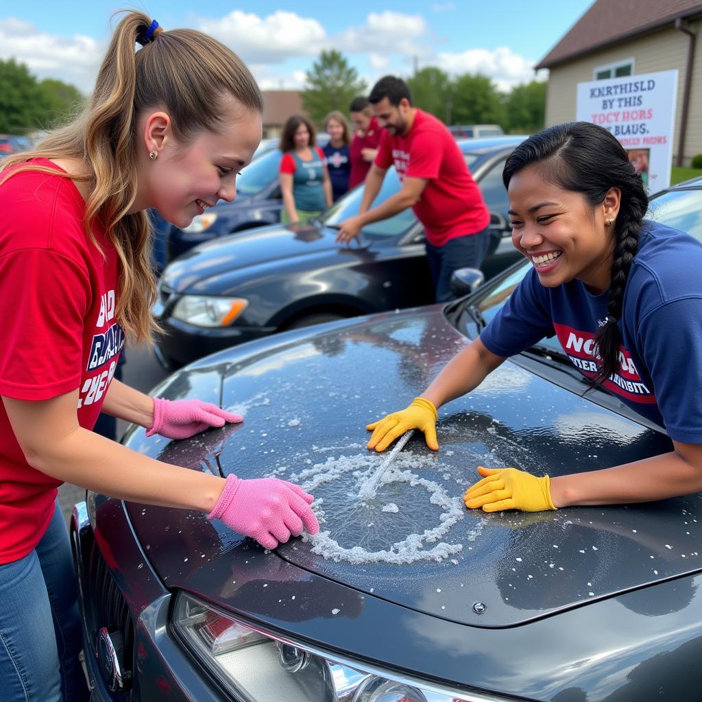 Volunteers washing cars at a "Get Wet for a Vet" car wash