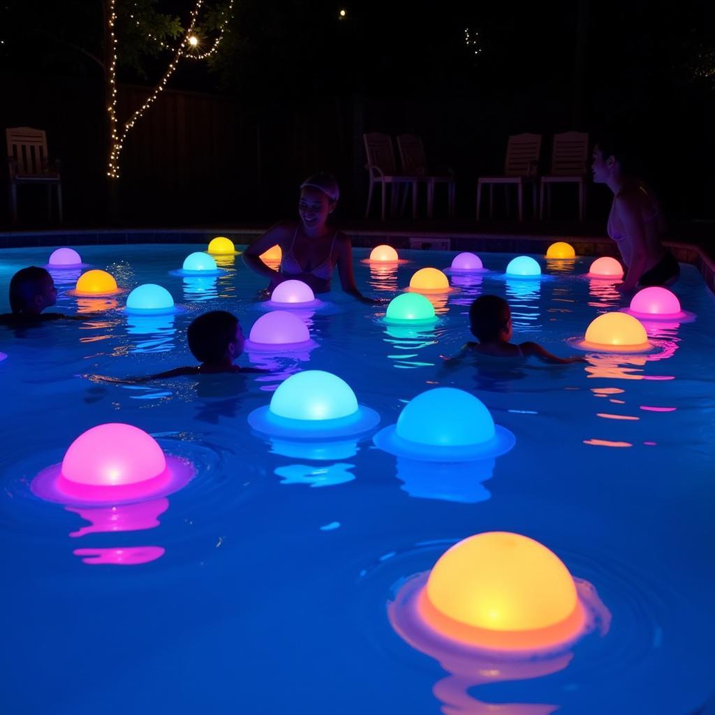 Glow Orbs Illuminating a Nighttime Pool Party