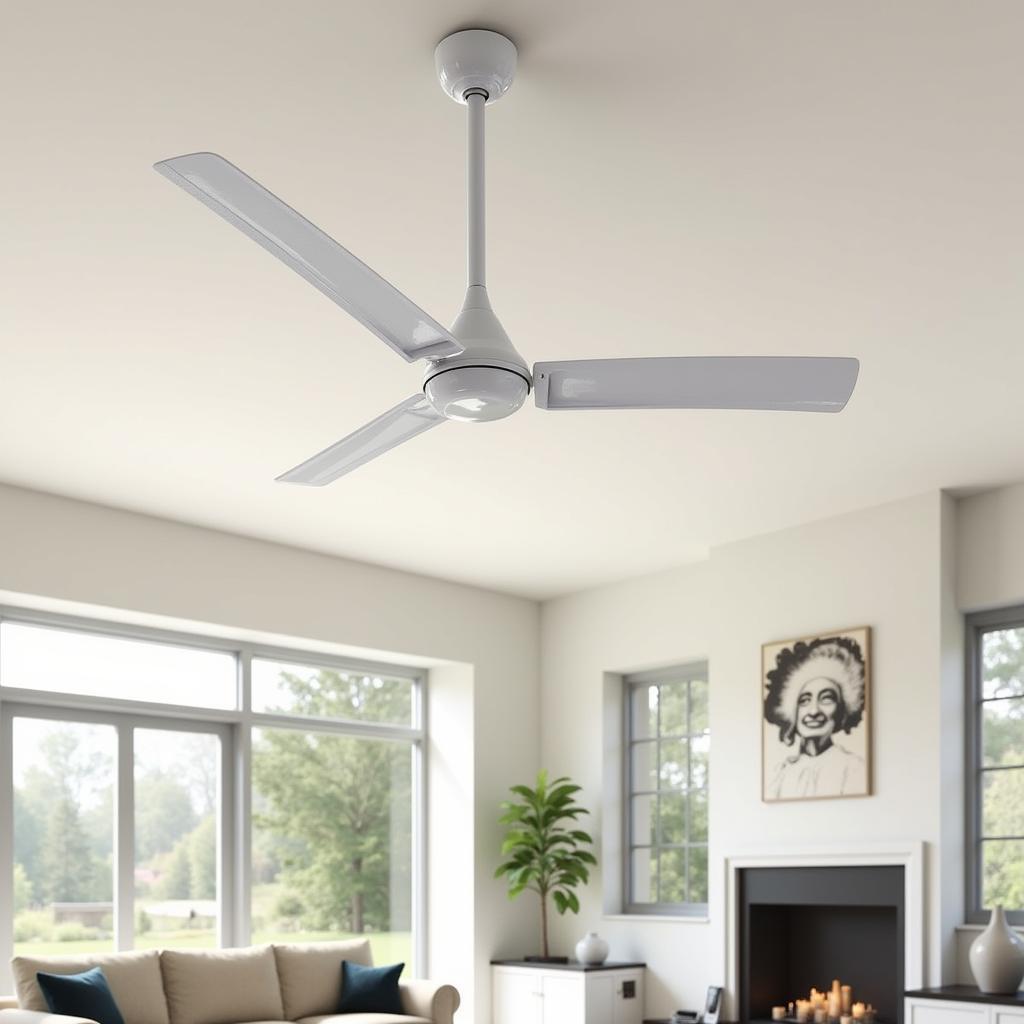 Modern white hugger ceiling fan in a contemporary living room