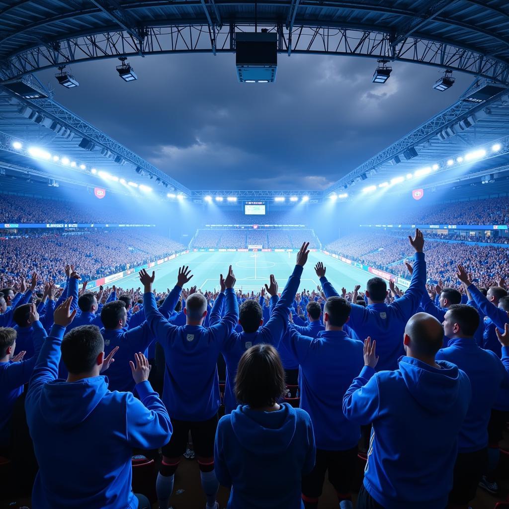 Icelandic football fans performing the Viking clap in a packed stadium.