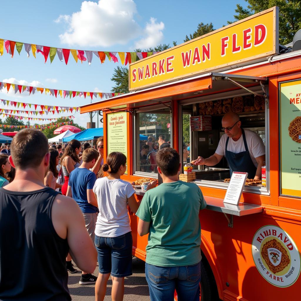 Iron waffle food truck serving customers at a bustling outdoor food festival