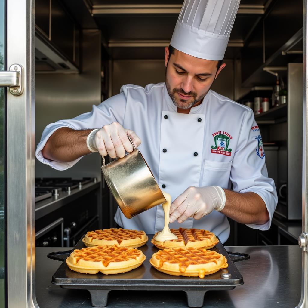 A chef expertly preparing iron waffles inside a food truck.