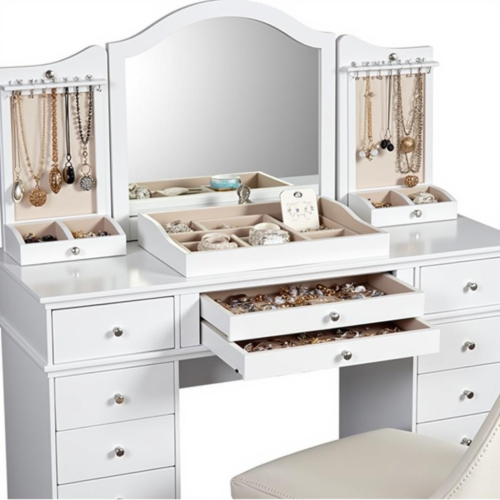 A well-organized jewelry desk with various compartments and drawers for different types of jewelry.