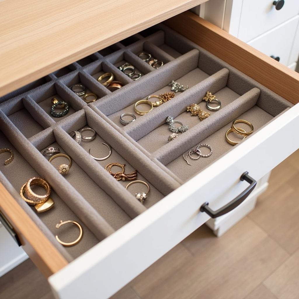 Different storage options available in a jewelry desk including drawers, compartments, and hooks.