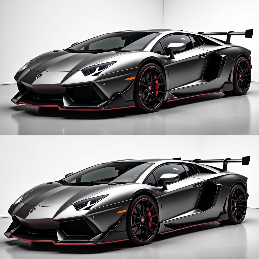 Lamborghini Aventador with a striking body kit upgrade showcasing aggressive lines and aerodynamic enhancements.