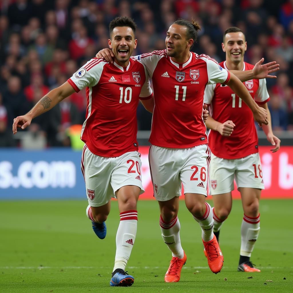 Lamine Yamal celebrating a goal with his teammates, showcasing his passion for the sport and his strong team spirit.