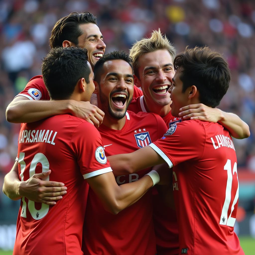 Lapasamail celebrating a goal with his teammates, demonstrating strong team spirit and camaraderie.