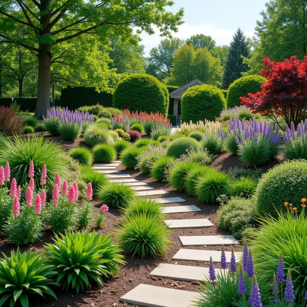 A lush garden landscape featuring various "M" plants