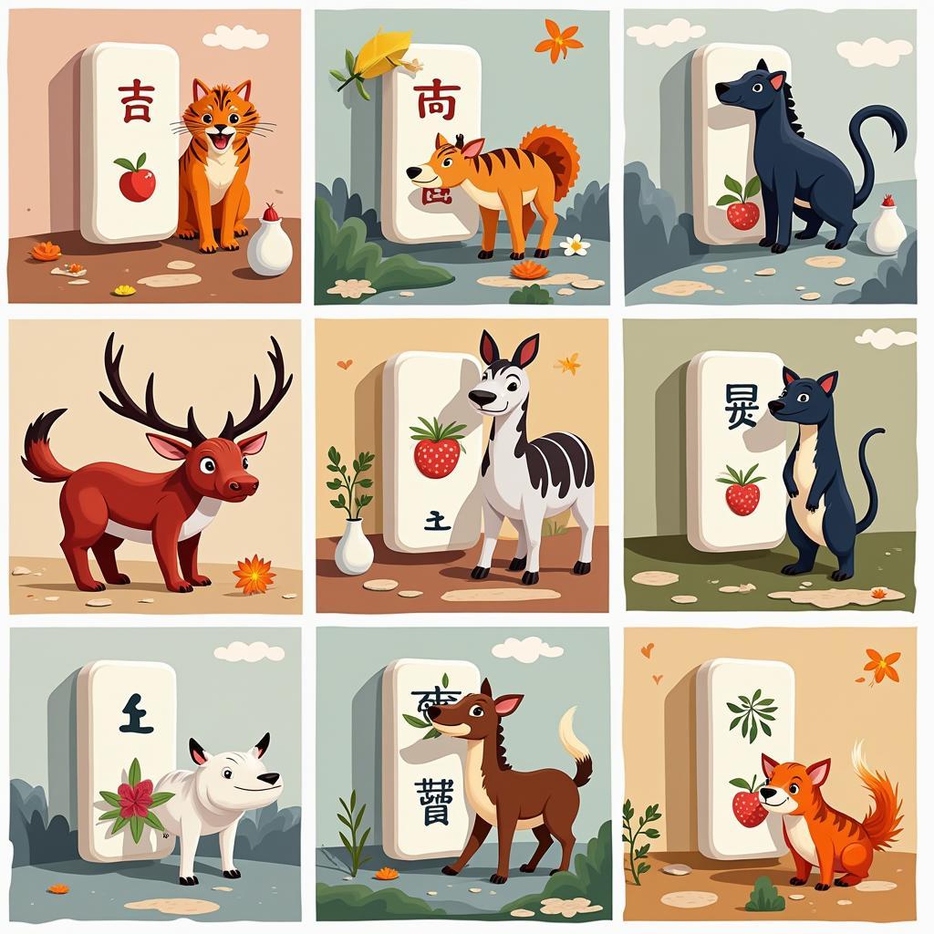 Different variations of Mahjong tiles featuring animals