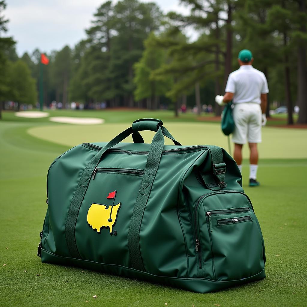 A Masters staff bag resting on the pristine fairway of Augusta National during the tournament, with a player and caddy in the background.