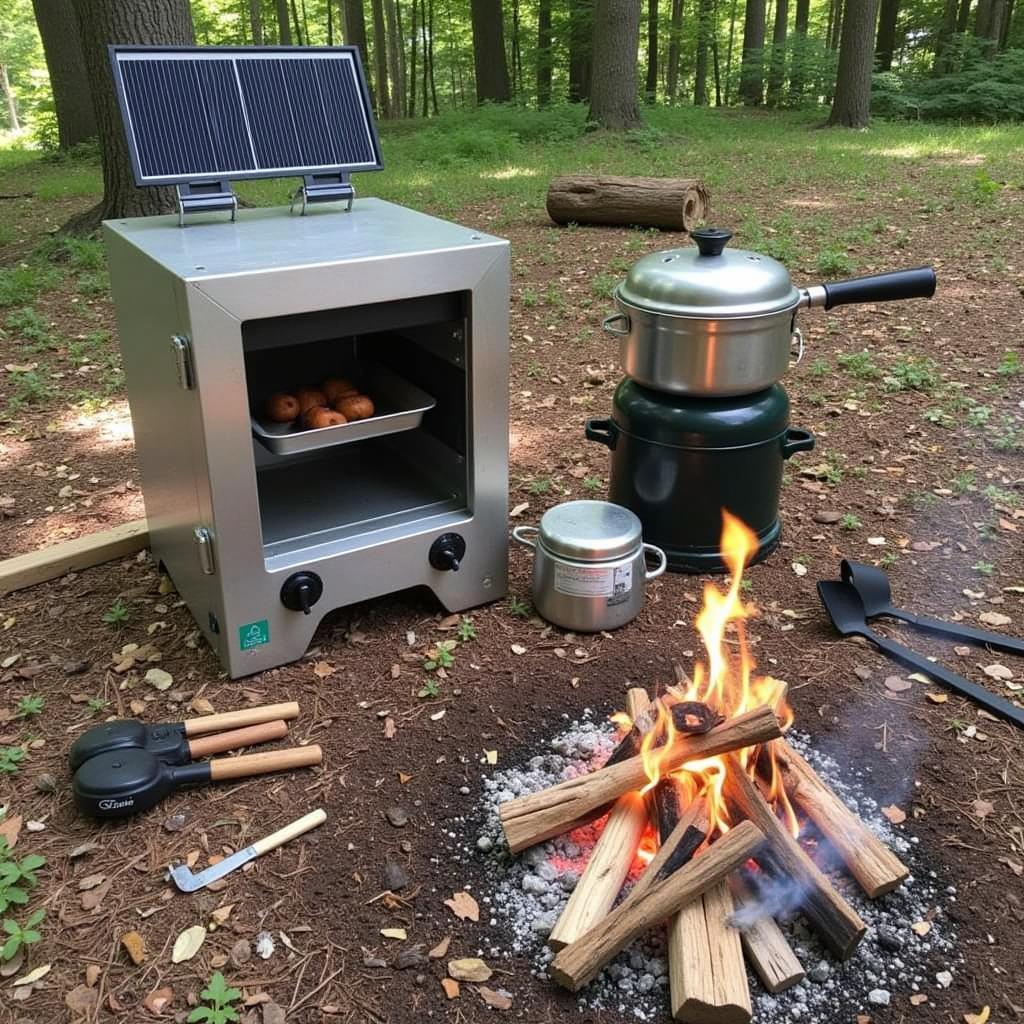 A Complete Off-Grid Cooking Setup with Solar Oven, Propane Stove and Campfire