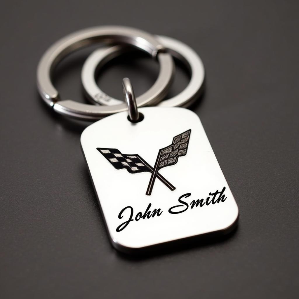 Personalized Corvette Keychain with Crossed Flags Logo and Name Engraving