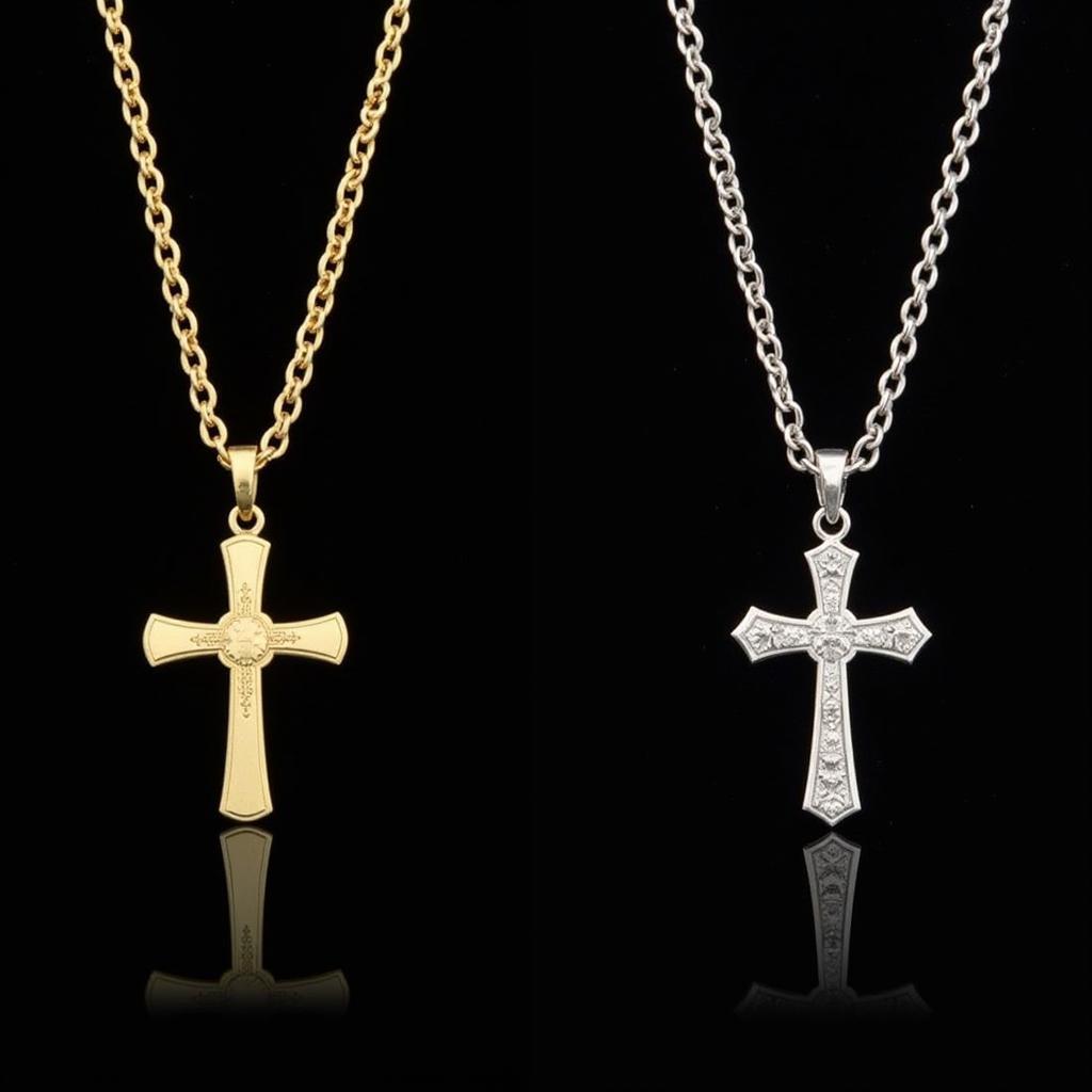 Choosing between gold and silver Portuguese cross necklaces.