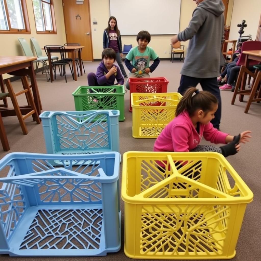 Preschoolers navigating a laundry basket obstacle course