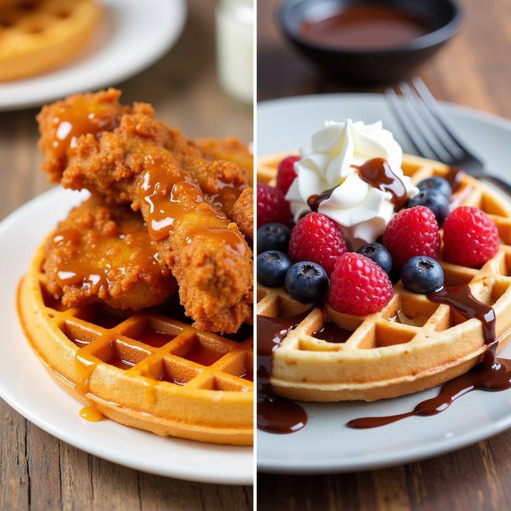 Close-up of a savory iron waffle topped with fried chicken and a sweet waffle with berries and cream