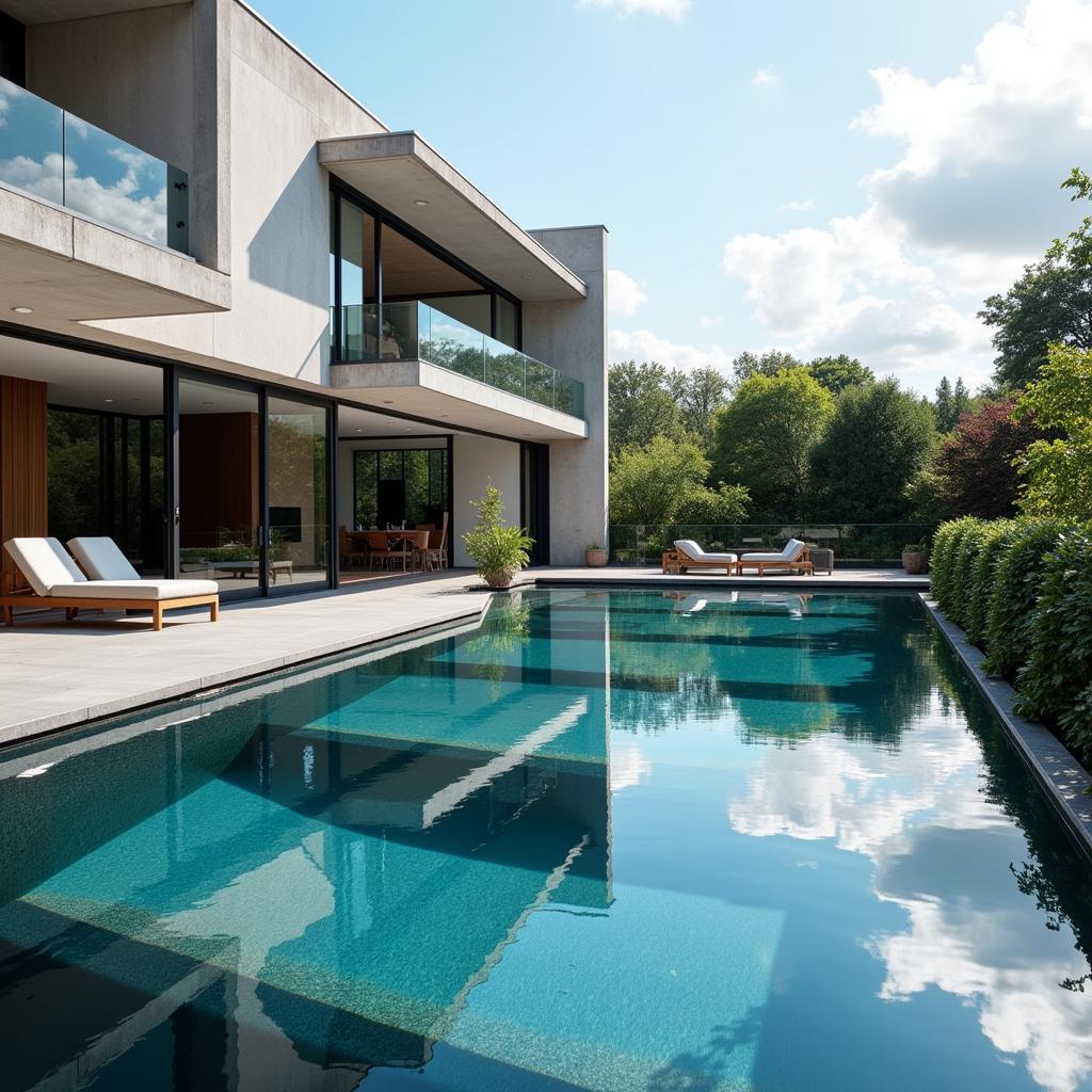 Modern house with a see-thru pool extending from the balcony